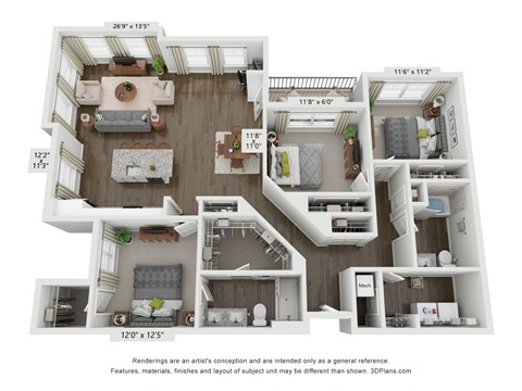 Floor plan for 3 beds, 2 baths, 1554 sqft